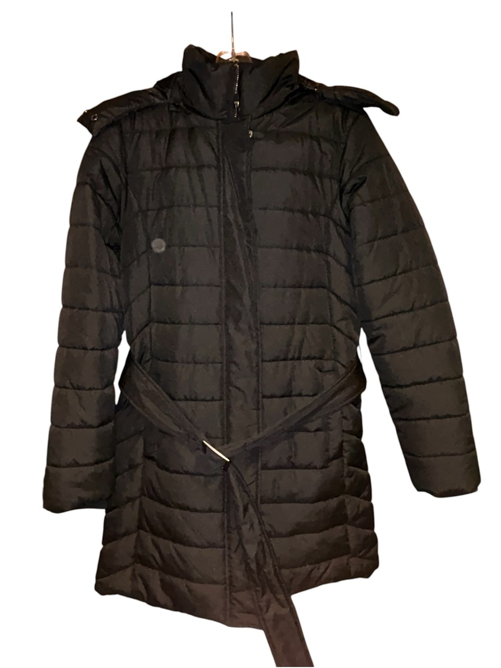 Banana Republic Black Quilted Mid length Puffer Coat Womens Small Faux Fur Hood
